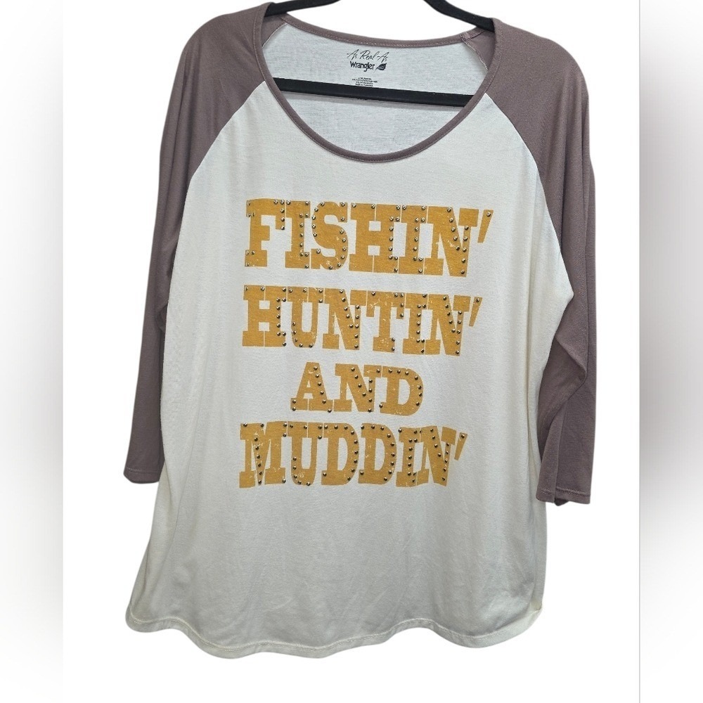 Wrangler Fishin Huntin Muddi'n Graphic Top XXL Western Raglan Shirt Studded
